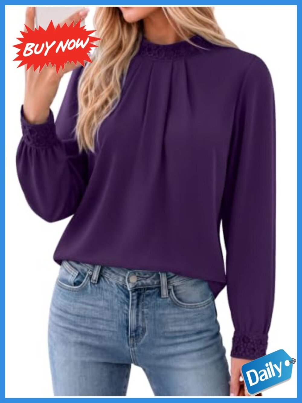 Women Lace Mock Neck Long Sleeve Blouse Dressy Casual Top